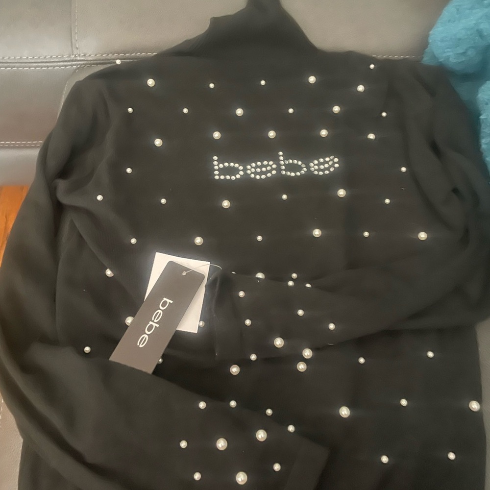 NWT bebe Black Sweater with Pearl Logo and Studs